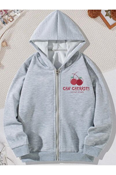 Baxia Çocuk Kapşonlu Erkek-kız Kiraz Baskılı Siyah Gri Fermuarlı Hırka