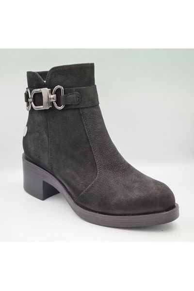 Mammamia D24KB-1265 Μαύρο Nubuck - Γυναικείες μπότες με χοντρό τακούνι από γνήσιο δέρμα με φερμουάρ 5 cm