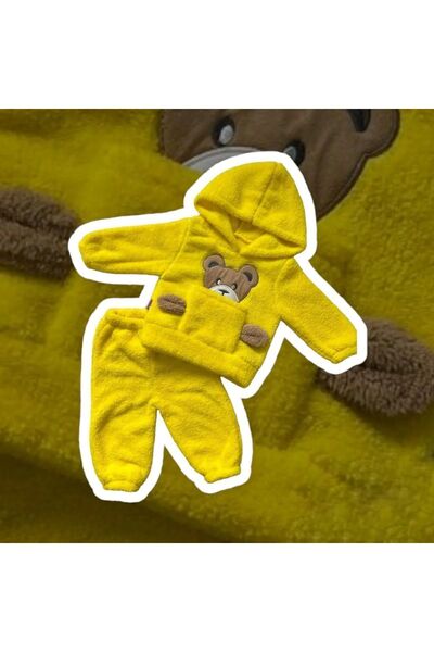 BT Baby Kışlık Ayıcık Desenli Welsoft Lüx Bebek Takımı Peluş Cepli Kapüşonlu