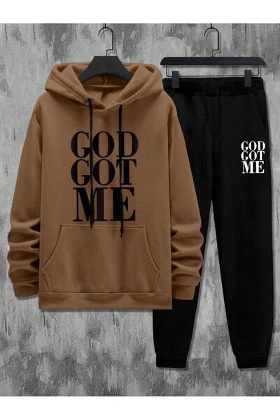 SeusCraft God Got Me - Σετ φόρμας τζόγκερ με κουκούλα, καφέ με μαύρο τύπωμα
