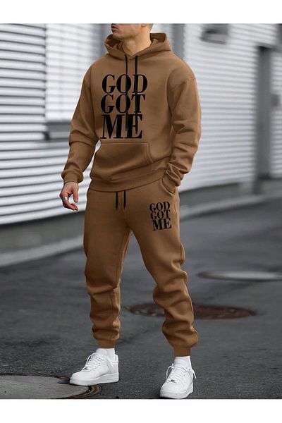 Cool Art God Got Me - Brown Printed Jogger Tracksuit Set Hooded