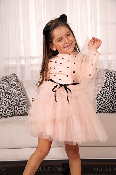 QUESHMA Kız Bebek Çocuk Prenses Kabarık Tütü Elbise Puantiyeli Uzun Kol Esnek Likralı Somon