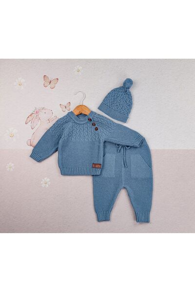 wofım kıds 3-18 Ay Unisex Triko Natural 3'lü Şapkalı Takım