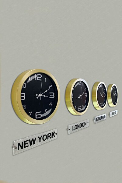 Platin Saat 36 Cm Solid Brass Metal Black Dial 4 Pcs Set Hotel World Clock wi...