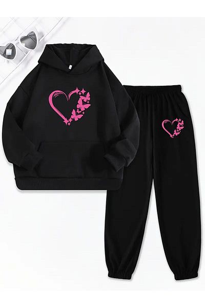 THEKONT Unisex Pink Butterfly Heart Patterned Cotton Hooded Tracksuit Set