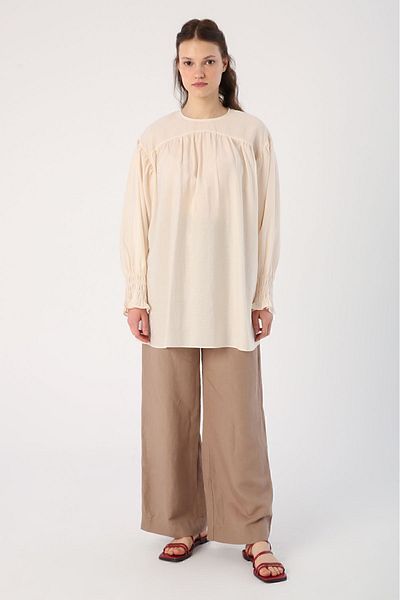 ALLDAY Ecru Gipe Elastic Sleeve Detailed Crew Neck Tunic