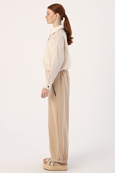 ALLDAY Beige Large Pocketed Natural Fabric Trousers