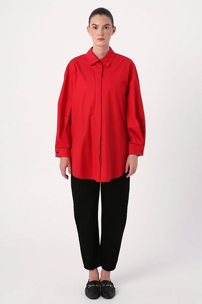 ALLDAY Κόκκινο Oversize μανίκι Πισέ Λεπτομερές πουκάμισο τουνίκ
