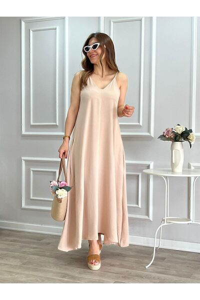 Genel Markalar Aerobin Kumaş Ayarlanabilir Askılı Uzun Bej Elbise