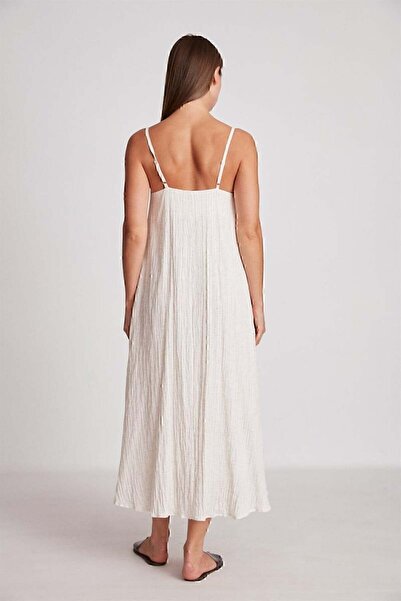 bonn couture Kadın İp Askılı Natural Gofre Kumaş Uzun Elbise