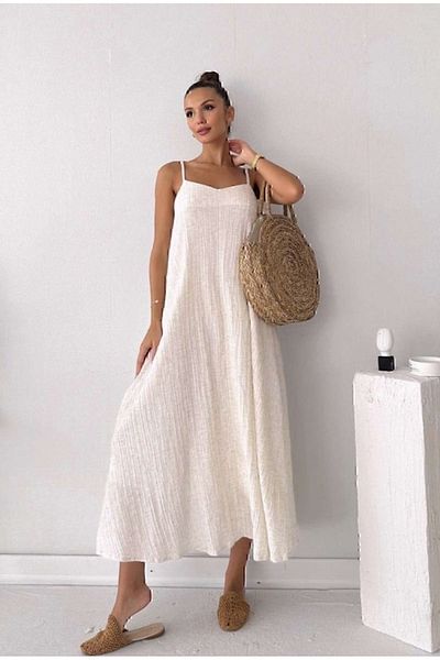 manana fashion Rochie cu bretele reglabile din țesătură de in brut, căptușită lungă de culoare ecru