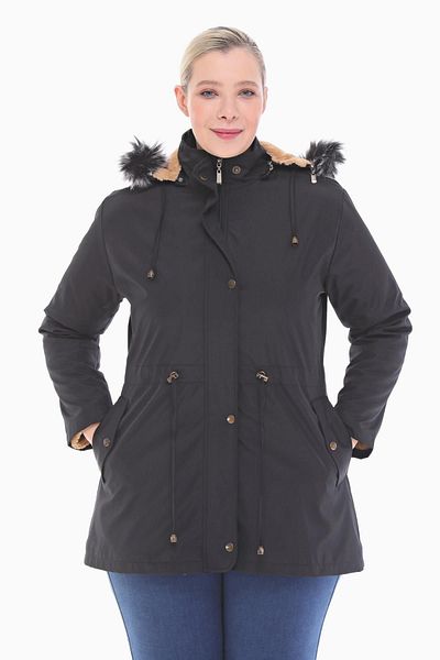 VETRE Women's Large Size Fur Lined Black Short Coat 1003