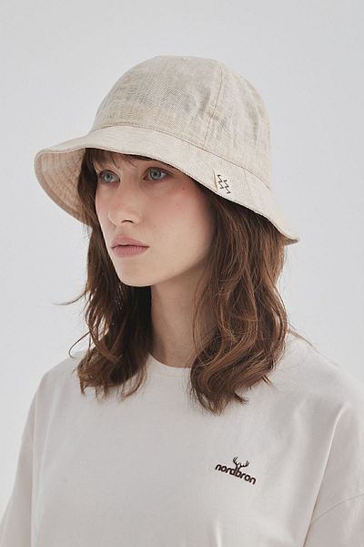 Nordbron Unisex Beige Linen Logo Embroidered Detailed Basic Bucket Hat Cotton Inner Lined Cool Nolasco