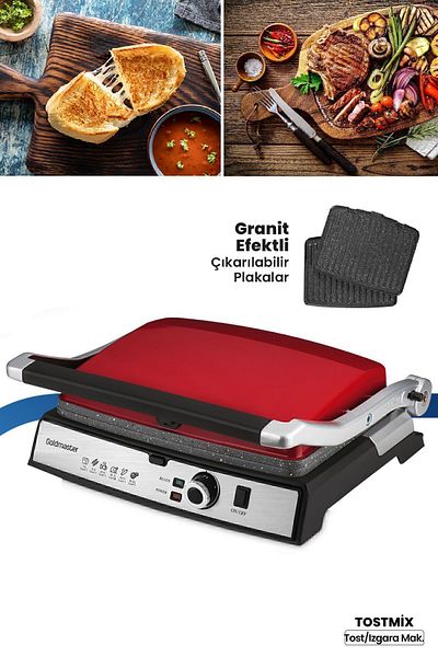 GOLDMASTER Tostmix Matte Red Stainless Steel 2000 Watt Granite Removable Plate Toaster and Grill Machine