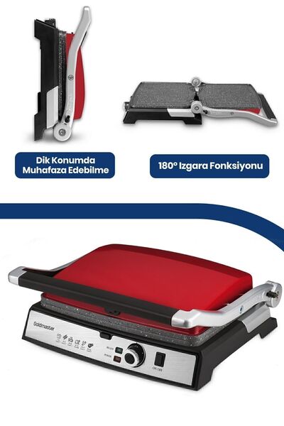 GOLDMASTER Tostmix Mat Kırmızı Paslanmaz Çelik 2000 Watt Granit Çıkarılabilir Plakalı Tost Ve Izgara Makinesii