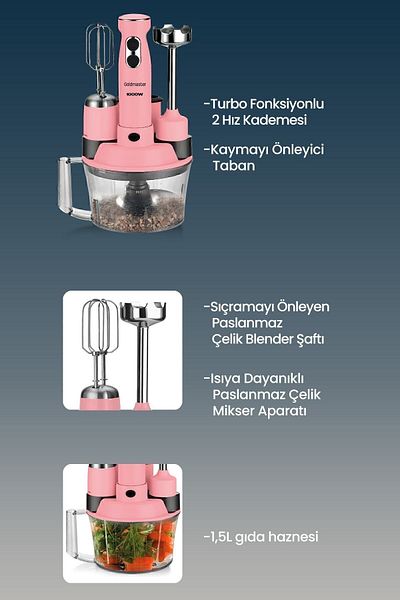 GOLDMASTER Elenamax Pink 1000 وات سرعة قابلة للتعديل 100% محرك نحاسي 5 في 1 محضرة طعام مجموعة خلاطات متعددة