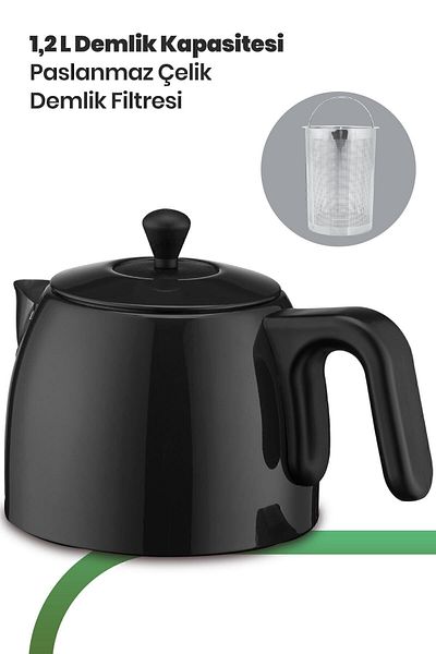 GOLDMASTER Fulya Black 30 Cup Large Capacity 2200 Watt Stainless Steel Tea Maker and Kettle