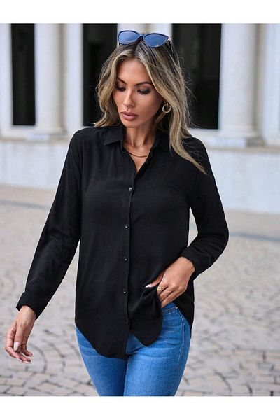 POLO BONETTA Bluză de cămașă din țesătură din viscoză, neagră, de bază, obișnuită