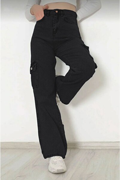 Joui Co Kız Çocuk  %100 Pamuk Yüksek Bel Geniş Paça Wide Leg Kargo Kot Pantolon