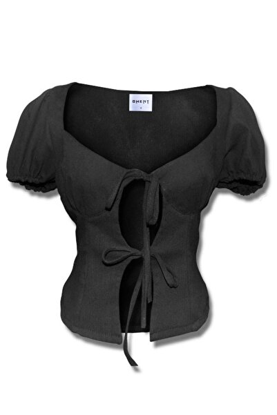 Oment Design Mary Top Linen Blouse - Balloon Sleeve, Drawstring, Low-Cut Bustier
