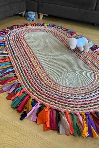 Polaris Halı Hasırlı El Örgüsü Oval Dekoratif Püsküllü Jüt Kilim Halı