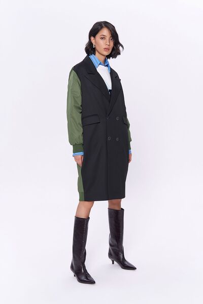 Quzu Çift Renk Matchli Uzun Trençkot Siyah