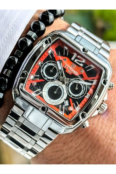 Reward Men's Silver Colored Red Dial Special Locked Bracelet - Functional Wristwatch