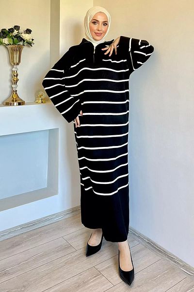 julude Μαύρο ριγέ Πλεκτό Φόρεμα Hijab - Μπροστινό φερμουάρ