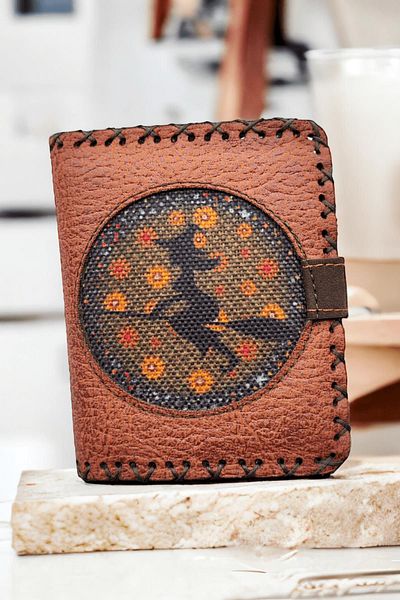 Fildişi Aksesuar Brown Colored - Vegan Leather, Women's Wallet with Cute Witch Image
