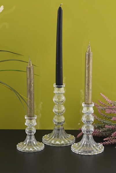 TR Turan Collection MİA 3'lü Cam Şamdan Dekoratif Krıstal Görünümlü Mumluk Şamdan Seti