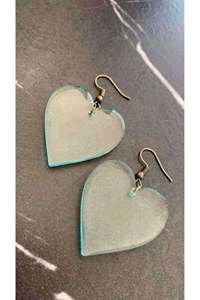 MISS GOLDEN Transparan Su Yeşili Renkli Antik Sarı Aksesuar Büyük Kalp Şekil Epoksi Küpe El Yapımı Hediyelik