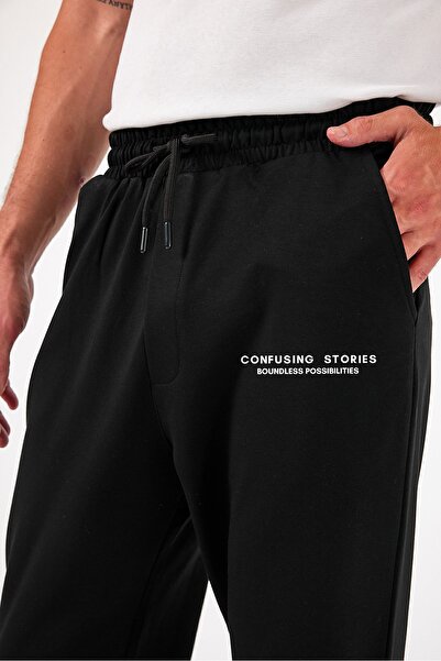 THE RULE Black Baggy Loose-Fit Summer Sweatpants - Comfortable Cotton, Printed Confusing Stories