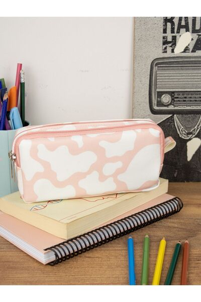 OneSize Kalem Kutusu Inek Pembe Beyaz Iki Bölmeli Vegan Deri (ÇİFT GÖZLÜ KALEMLİK)