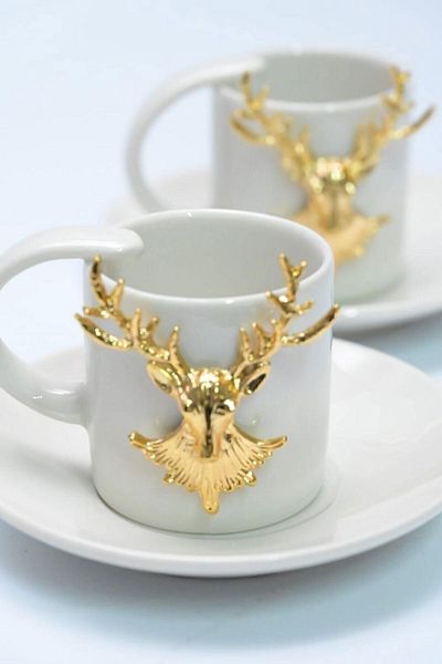 Arma House Elegant Luxury Ceramic Coffee Cup & Cup Set of 2 with Gold Deer Figure