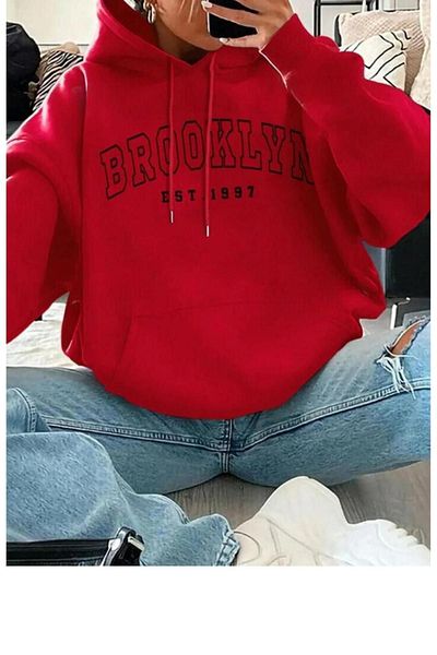 CAST COLLECTİON Red Brooklyn Printed Women's Oversize SweatShirt