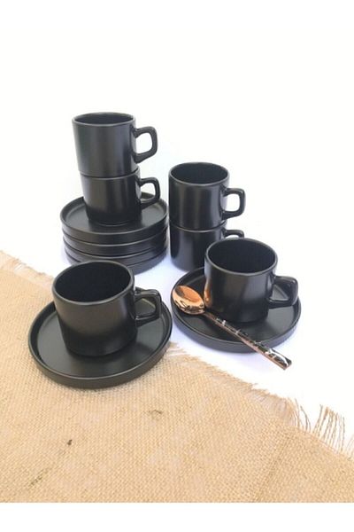 GULHANILE Stackable Matte Black 12 Piece Nescafe Tea Set for 6 People