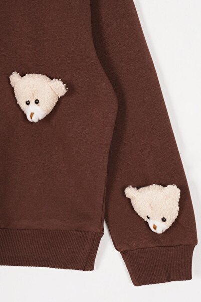 zepkids Crew Neck Long Sleeve Bear Accessory Pocket Brown Color Tracksuit Set