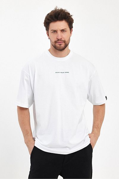 THE RULE Tricou largi pentru bărbați Rule Your Mind, cu imprimeu pe spate, 100% bumbac, cu croială largă, cu decolteu rotund