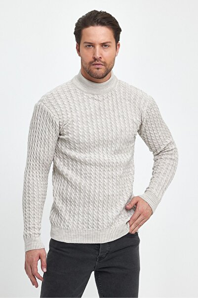 THE RULE Men's Beige Half Turtleneck Hair Knit Patterned Non-Pilling Regular Fit Knitwear Sweater