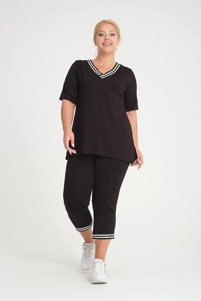 garajmood Plus Size Black V-neck Stripe Pocketed Tights-blouse Set