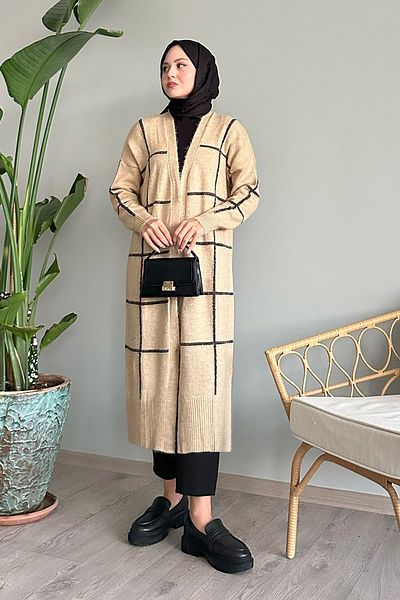 InStyle Beige Color Glitter Striped Knitwear Cardigan