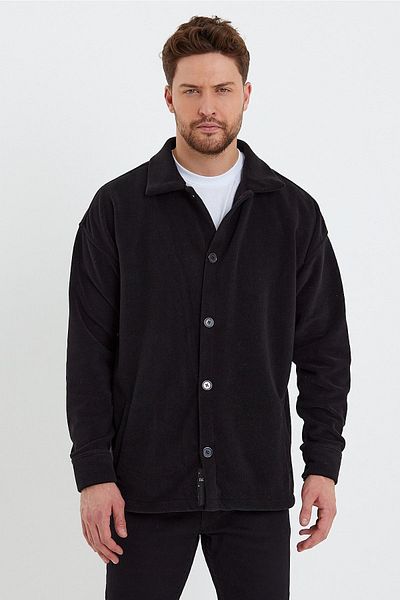 THE RULE Ανδρική ζακέτα Oversize Μαύρη Fleece - Αντιπηκτική, Ψυχρή, Γιακάς Πουκάμισου RF0312