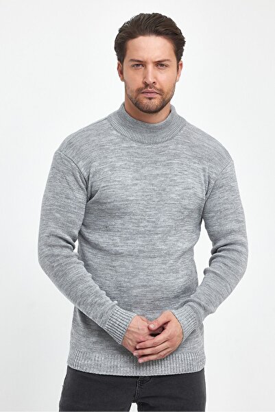 THE RULE Men's Gray Half Turtleneck Non-Pilling Thick Textured Regular Fit Knitwear Sweater