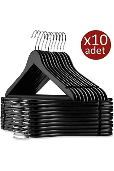 Canbay Store 10 Adet Ahşap Görünümlü Plastik A Kalite 10 Adet Siyah Elbise Askı Pantolon Gömlek Askı