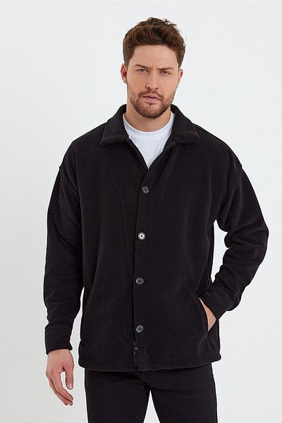 THE RULE Ανδρική ζακέτα Oversize Μαύρη Fleece - Αντιπηκτική, Ψυχρή, Γιακάς Πουκάμισου RF0312