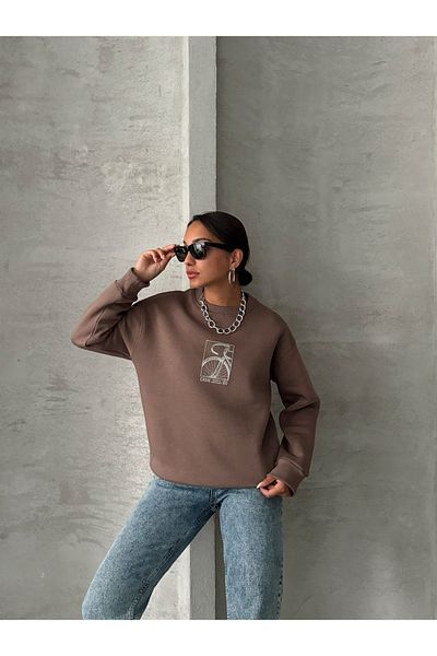 Cappmoda SWT-14269 Καφέ ποδηλατικό ανάγλυφο τυπωμένο τρίκλωνο ανοιχτόχρωμο βασικό φούτερ