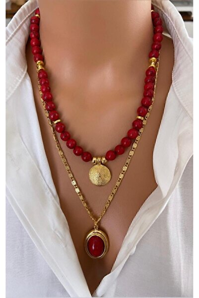 TARZ-I TAKI ( 2 Kolye ) Doğal Taş Kırmızı Mercan Taşı Hasır Altın Kaplama Zincir Ve Uç Kadın Kolye Özel Hediye