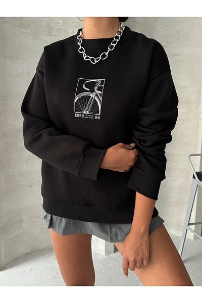 Cappmoda SWT-14269 Черен суитшърт с релефен принт на велосипеди и три нишки