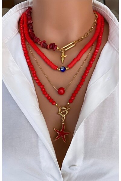 Trend Jewellery (DÖRT KOLYE) Kırmızı Mercan Taşı Çelik Zincir Yıldız Melek Çoklu Kadın Kolye Anne Sevgili Hediye