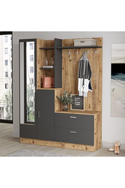 Yurudesign Wisdom Çam Antrasit Vestiyer Ayakkabılık Portmanto Aynalı Raf